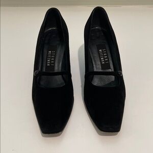 Stuart Weitzman Black Velvet Mary Jane Pumps with Button Strap
